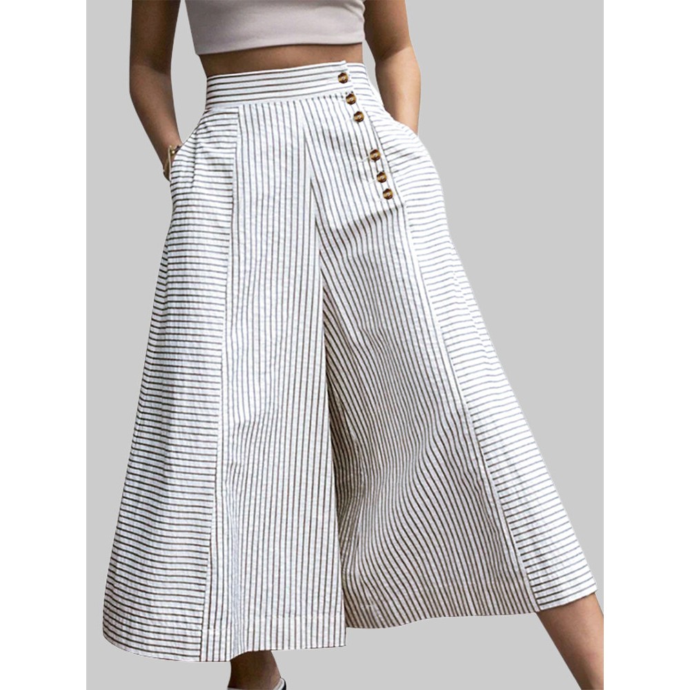 Striped Print Button Culottes For Women Striped Print Button Culottes For Women