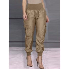 Women Solid High Waist Casual Cargo Pants With Pocket