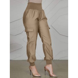 Women Solid High Waist Casual Cargo Pants With Pocket