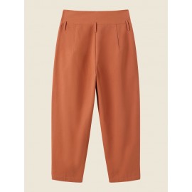 Women Solid High Waist Button Hem Casual Pants