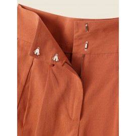 Women Solid High Waist Button Hem Casual Pants