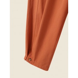 Women Solid High Waist Button Hem Casual Pants