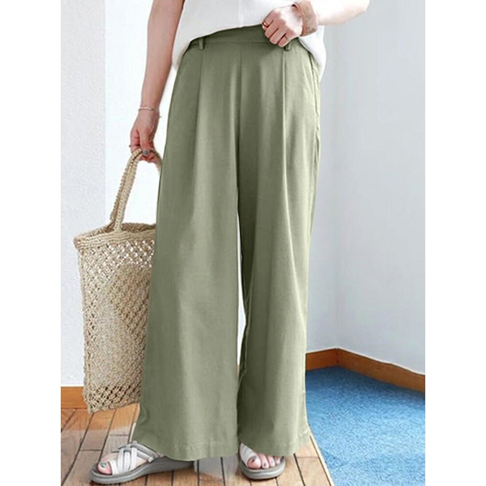 Solid Elastic Waist Back Pocket Wide Leg Casual Pants Solid Elastic Waist Back Pocket Wide Leg Casual Pants