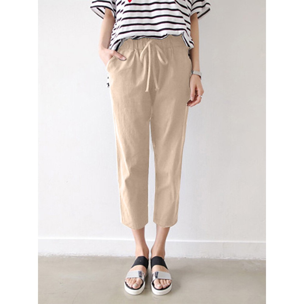 Leisure Solid Drawstring Pocket Cotton Pants Leisure Solid Drawstring Pocket Cotton Pants
