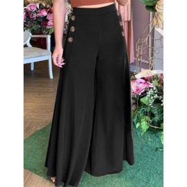 Women Solid Side Button Design Casual Wide Leg Pants