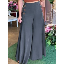 Women Solid Side Button Design Casual Wide Leg Pants