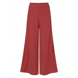 Women Solid Side Button Design Casual Wide Leg Pants
