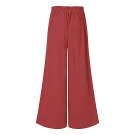 Women Solid Side Button Design Casual Wide Leg Pants