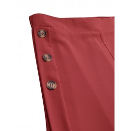 Women Solid Side Button Design Casual Wide Leg Pants