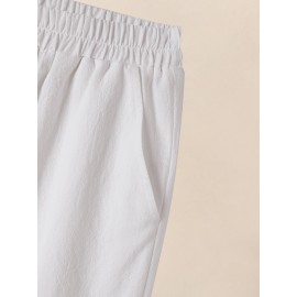 Women Solid Button Design Cotton Casual Cropped Pants