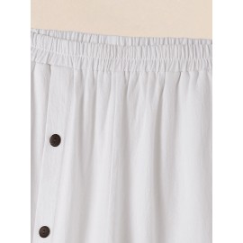 Women Solid Button Design Cotton Casual Cropped Pants