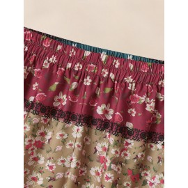 Women Allover Floral Print Patchwork Irregular Cuff Cropped Pants Women Allover Floral Print Patchwork Irregular Cuff Cropped Pants