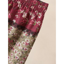 Women Allover Floral Print Patchwork Irregular Cuff Cropped Pants Women Allover Floral Print Patchwork Irregular Cuff Cropped Pants