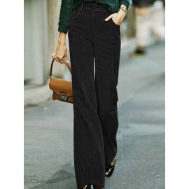 Women Solid Corduroy Casual Straight Pants With Pocket