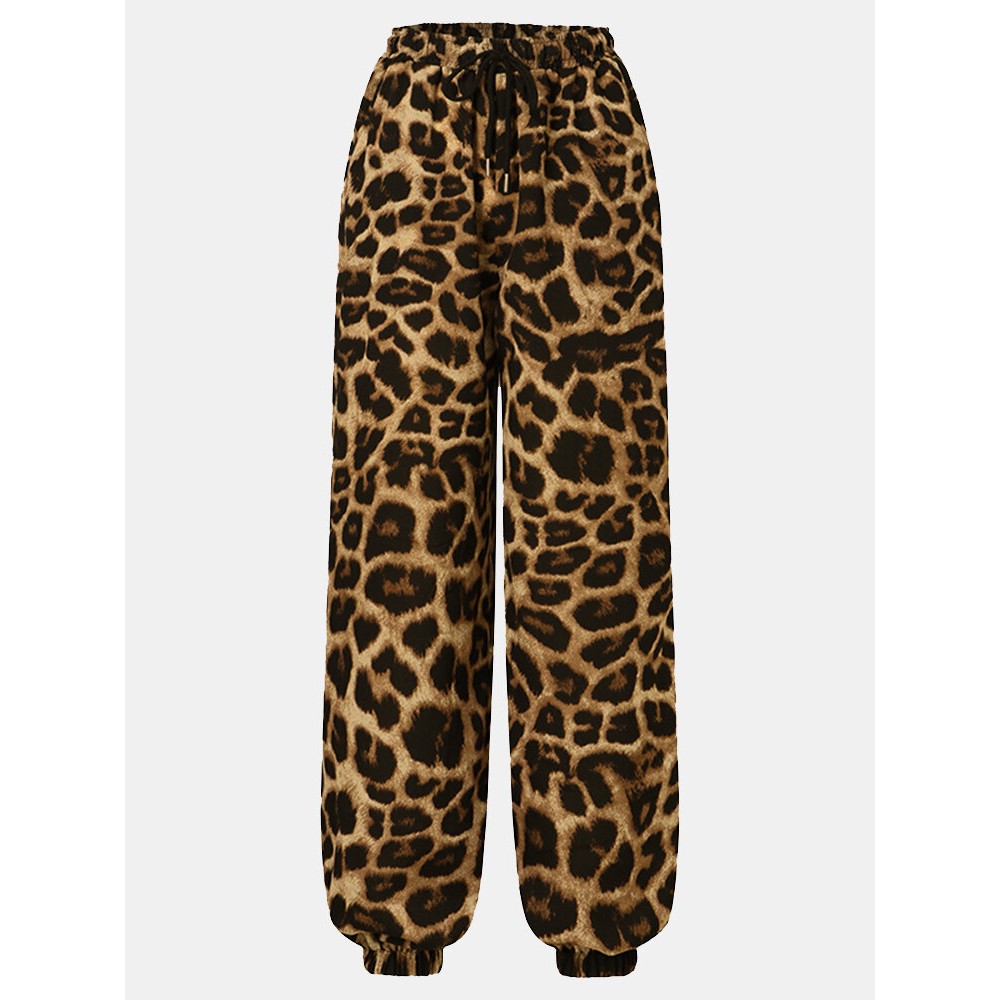 Leopard Print Drawstring Pocket Long Casual Pants for Women