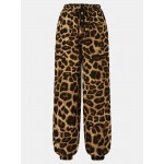 Leopard Print Drawstring Pocket Long Casual Pants for Women