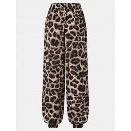 Leopard Print Drawstring Pocket Long Casual Pants for Women