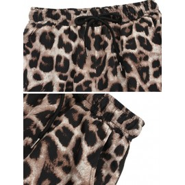 Leopard Print Drawstring Pocket Long Casual Pants for Women