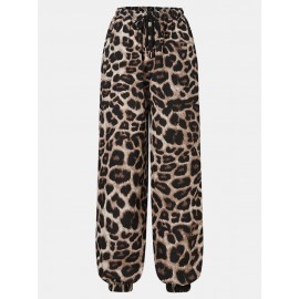 Leopard Print Drawstring Pocket Long Casual Pants for Women