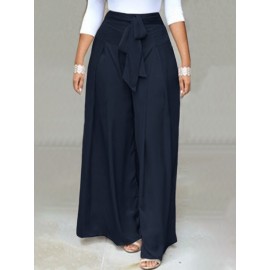 Women Solid Tie Waist Casual Wide Leg Pants With Pocket
