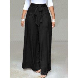 Women Solid Tie Waist Casual Wide Leg Pants With Pocket