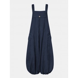 Women Corduroy Solid Color Casual Jumpsuit With Pockets