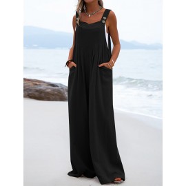 Solid Pocket Sleeveless Square Collar Wide Leg Jumpsuit Solid Pocket Sleeveless Square Collar Wide Leg Jumpsuit