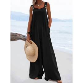 Solid Pocket Sleeveless Square Collar Wide Leg Jumpsuit Solid Pocket Sleeveless Square Collar Wide Leg Jumpsuit