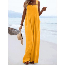 Solid Pocket Sleeveless Square Collar Wide Leg Jumpsuit Solid Pocket Sleeveless Square Collar Wide Leg Jumpsuit
