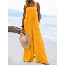 Solid Pocket Sleeveless Square Collar Wide Leg Jumpsuit Solid Pocket Sleeveless Square Collar Wide Leg Jumpsuit