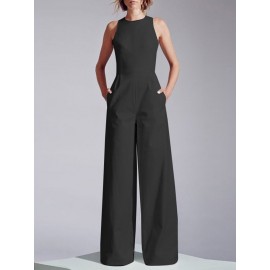Women Solid Crew Neck Sleeveless Wide Leg Jumpsuit