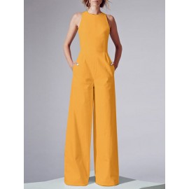 Women Solid Crew Neck Sleeveless Wide Leg Jumpsuit