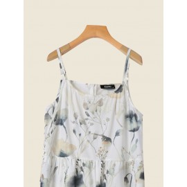 Women Watercolor Floral Plant Print Spaghetti Strap Jumpsuit