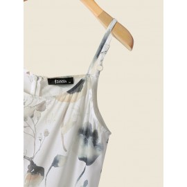 Women Watercolor Floral Plant Print Spaghetti Strap Jumpsuit