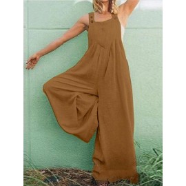 Women Solid Cotton Wide Leg Loose Jumpsuit With Pocket