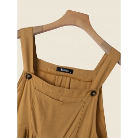 Women Solid Cotton Wide Leg Loose Jumpsuit With Pocket