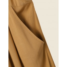 Women Solid Cotton Wide Leg Loose Jumpsuit With Pocket