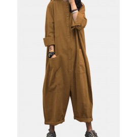 Solid Color Plain Button Pocket Long Sleeve Casual Jumpsuit for Women Solid Color Plain Button Pocket Long Sleeve Casual Jumpsuit for Women