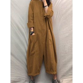 Solid Color Plain Button Pocket Long Sleeve Casual Jumpsuit for Women Solid Color Plain Button Pocket Long Sleeve Casual Jumpsuit for Women