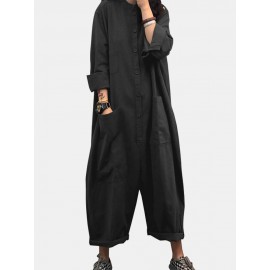Solid Color Plain Button Pocket Long Sleeve Casual Jumpsuit for Women Solid Color Plain Button Pocket Long Sleeve Casual Jumpsuit for Women
