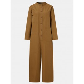 Solid Color Plain Button Pocket Long Sleeve Casual Jumpsuit for Women Solid Color Plain Button Pocket Long Sleeve Casual Jumpsuit for Women