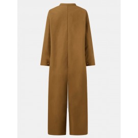 Solid Color Plain Button Pocket Long Sleeve Casual Jumpsuit for Women Solid Color Plain Button Pocket Long Sleeve Casual Jumpsuit for Women