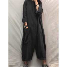 Solid Color Plain Button Pocket Long Sleeve Casual Jumpsuit for Women Solid Color Plain Button Pocket Long Sleeve Casual Jumpsuit for Women