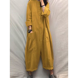 Solid Color Plain Button Pocket Long Sleeve Casual Jumpsuit for Women Solid Color Plain Button Pocket Long Sleeve Casual Jumpsuit for Women
