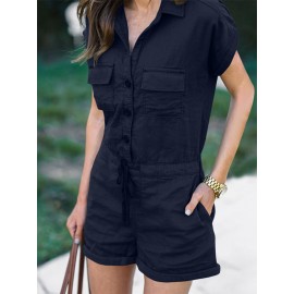 Solid Button Pocket Drawstring Lapel Romper Solid Button Pocket Drawstring Lapel Romper