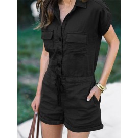 Solid Button Pocket Drawstring Lapel Romper Solid Button Pocket Drawstring Lapel Romper