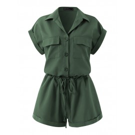 Solid Button Pocket Drawstring Lapel Romper Solid Button Pocket Drawstring Lapel Romper