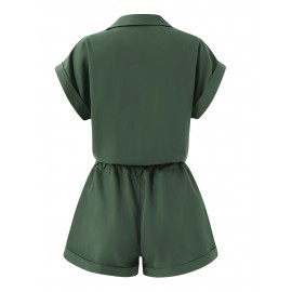 Solid Button Pocket Drawstring Lapel Romper Solid Button Pocket Drawstring Lapel Romper