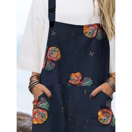 Women Colorful Floral Print Cotton Overall Jumpsuit With Pocket