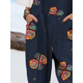 Women Colorful Floral Print Cotton Overall Jumpsuit With Pocket